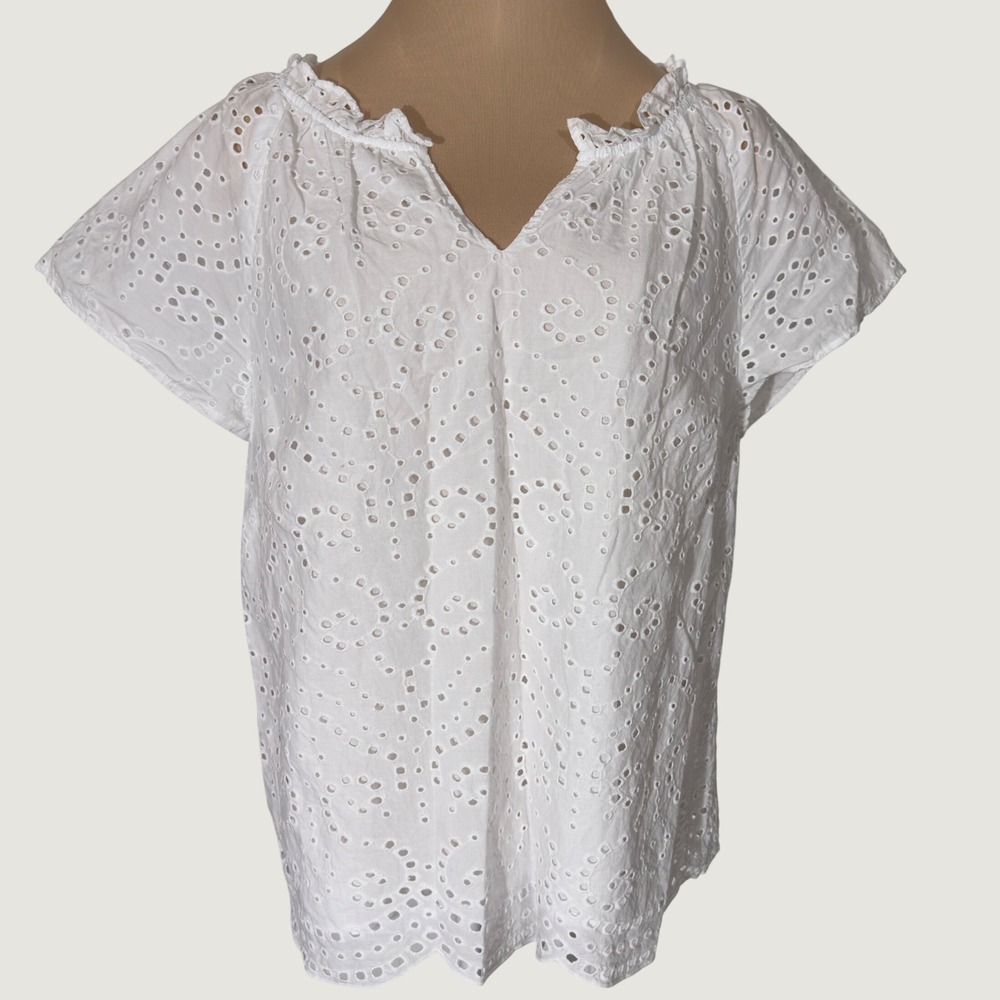 3238 | Talbots Floral Waves Eyelet Cotton Blouse White Cottagecore Women LP